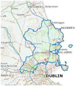 Границы Северного графства Дублин. Регион ограничен Ирландским морем на востоке, графствами Мит и Килдэр на западе, рекой Лиффи и пригородами Дублина на юге.